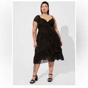 Midi Mesh Ruffle Surplice Dress Black